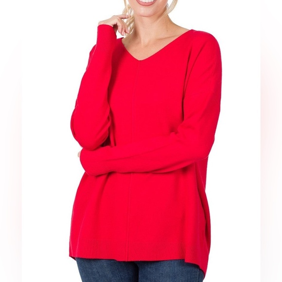 Zenana Red V-Neck High-Low Sweater - Size M - Picture 1 of 9